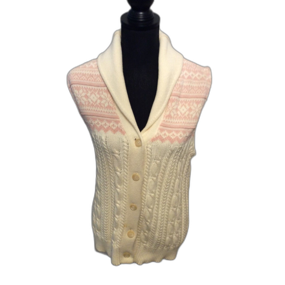 Vintage Chaps Pink White Fair Isle Sweater Vest Collar EUC Large Cotton Rare